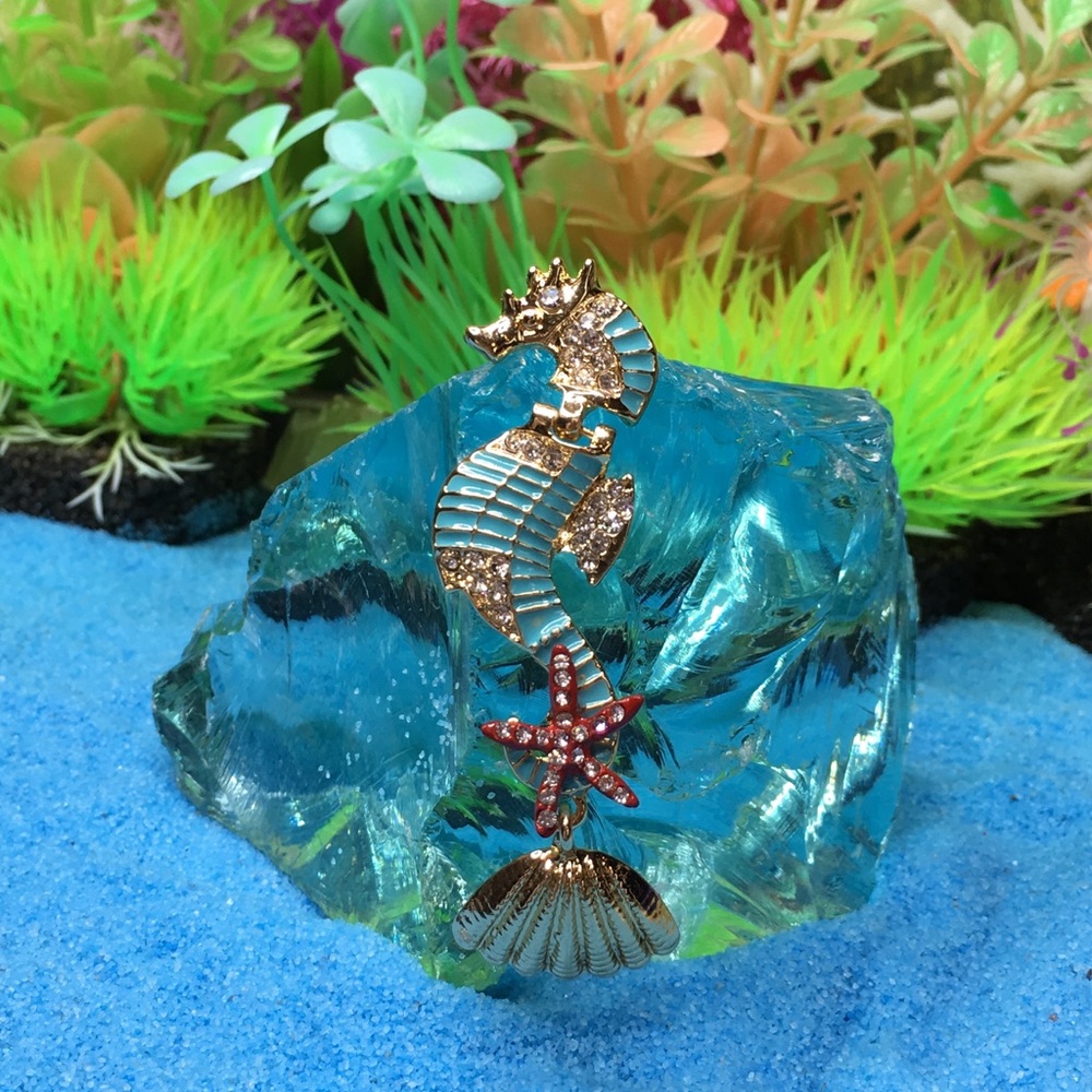 Enamel Seahorse Earrings with Rhinestones - Picture 6 of 8